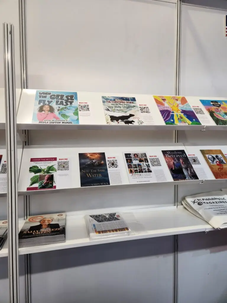 Assorted books and magazines neatly displayed on a wall shelf.