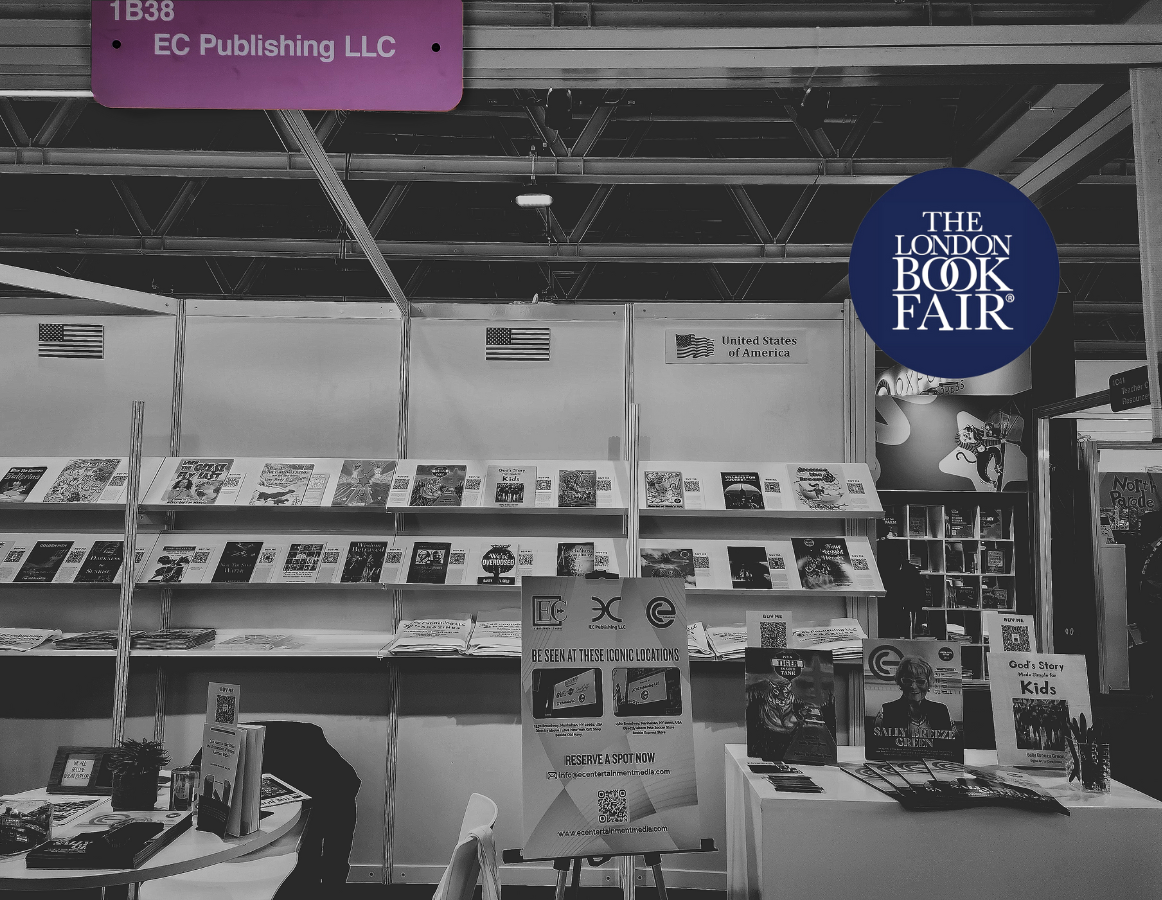 Monochrome image of books on display.